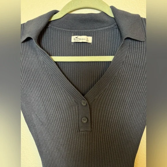 Hollister Ribbed Long-Sleeve V-Neck Polo Dress Blue - Picture 2 of 4